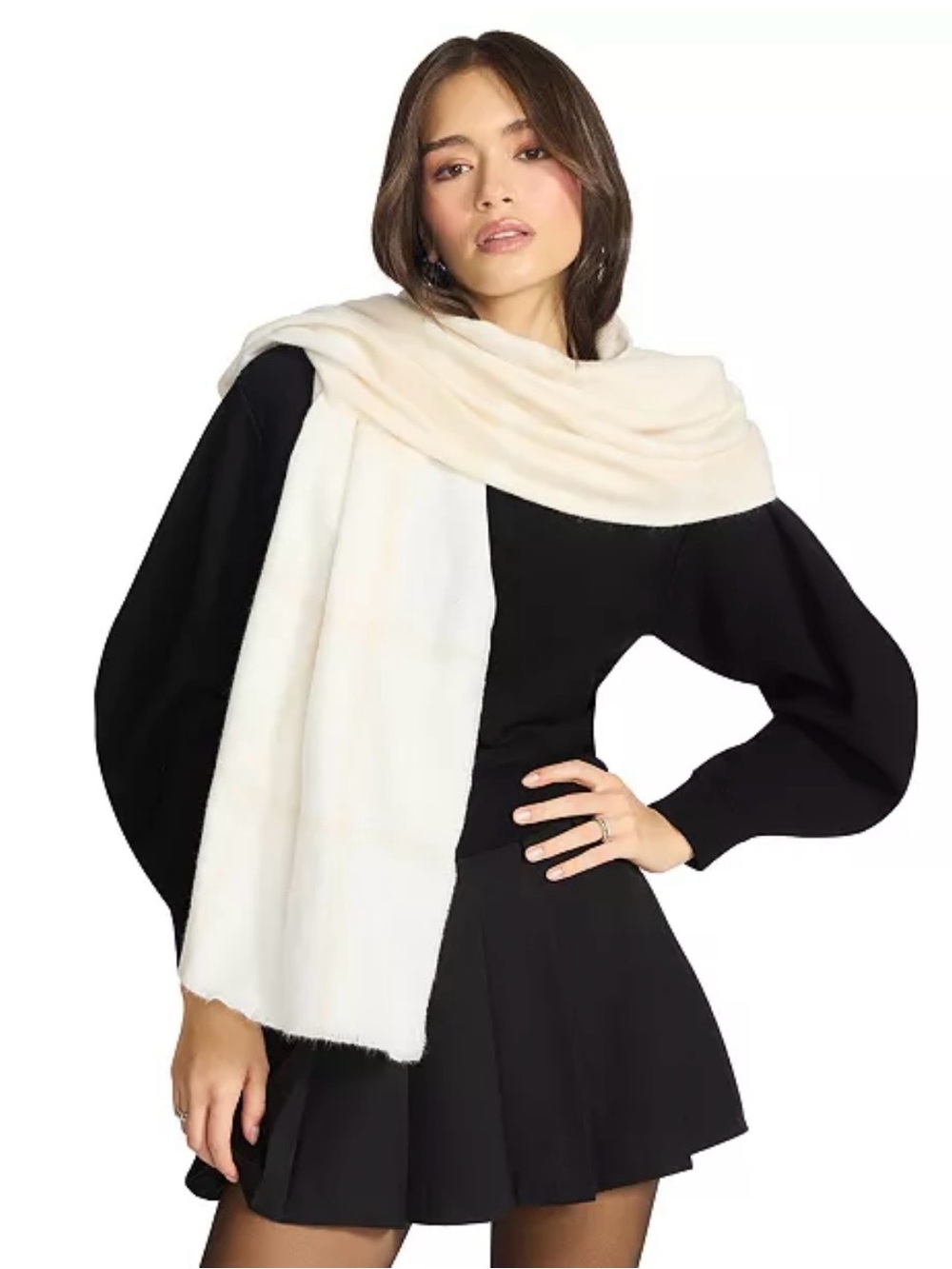NWT Steve Madden Ivory/Grey Neutral Plaid Blanket Wool Blend Wrap Scarf Women's